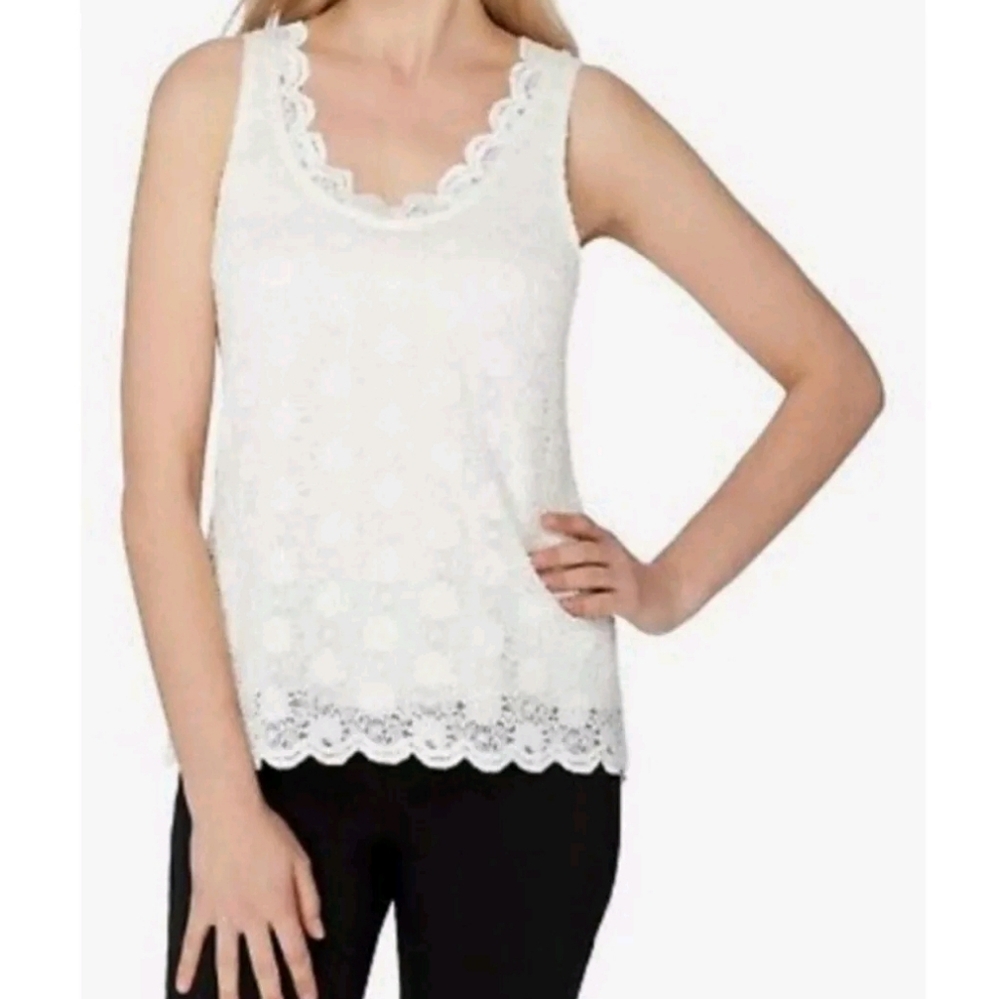 Tahari Arthur S.levine Ivory Round Neck Sleeveless Lace Women's Top Size L Large